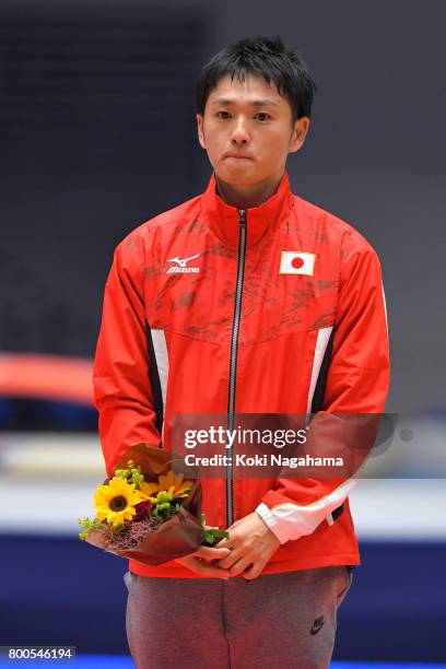 Masaki Ito looks on during the ceremony of the 32nd Trampoline Japan National Team Trial at Takasaki Arena on June 24, 2017 in Takasaki, Japan.