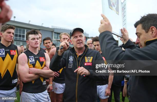 Werribee coach John Lamont speaks to his team during a quarter time break during the 2017 VFL round 10 match between the Footscray Bulldogs and the...