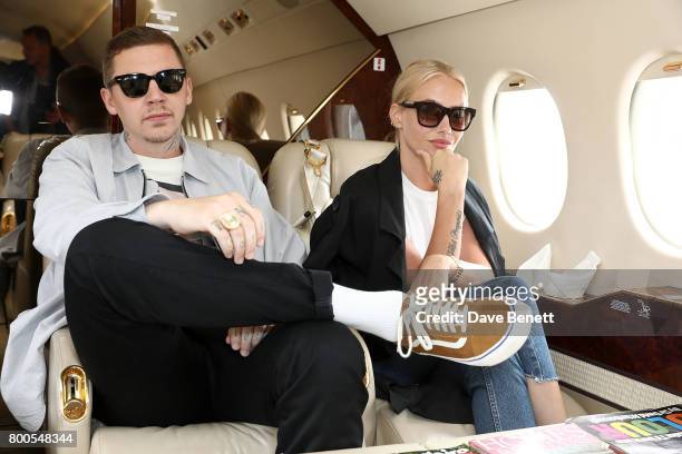 Professor Green and FFae Williams arrives via private jet Falcon 2000 from Gama Aviation ahead of the Jersey Style Awards 2017 in association with...