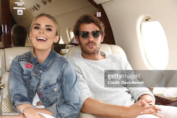 Tallia Storm Jacey Elthalion arrive via private jet Falcon 2000 at Gama Aviation ahead of the Jersey Style Awards 2017 in association with Chopard on...