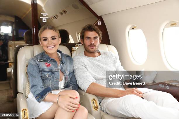 Tallia Storm Jacey Elthalion arrive via private jet Falcon 2000 at Gama Aviation ahead of the Jersey Style Awards 2017 in association with Chopard on...