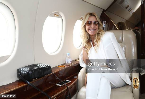 Melissa Odabash arrives via private jet Falcon 2000 from Gama Aviation ahead of the Jersey Style Awards 2017 in association with Chopard on June 24,...