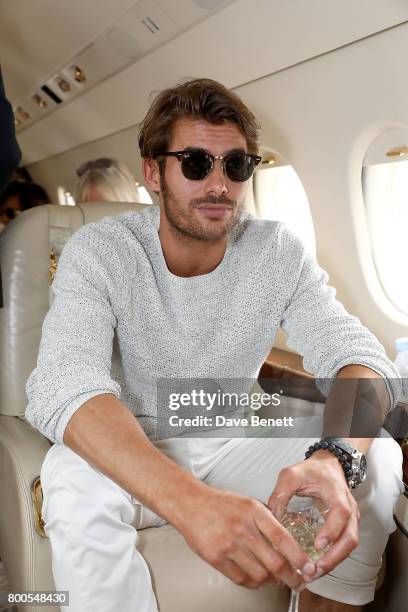 Jacey Elthalion arrives via private jet Falcon 2000 at Gama Aviation ahead of the Jersey Style Awards 2017 in association with Chopard on June 24,...