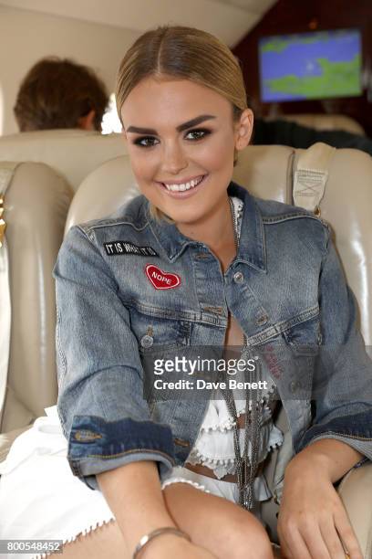 Tallia Storm arrives via private jet Falcon 2000 from Gama Aviation ahead of the Jersey Style Awards 2017 in association with Chopard on June 24,...