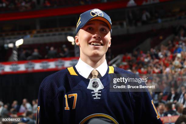 Ukko-Pekka Luukkonen celebrates after being selected 54th overall by the Buffalo Sabres during the 2017 NHL Draft at the United Center on June 24,...