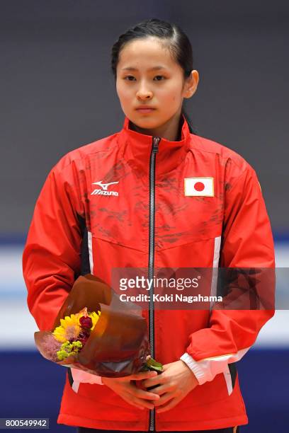 Ayano Kishi looks on during the ceremony of the 32nd Trampoline Japan National Team Trial at Takasaki Arena on June 24, 2017 in Takasaki, Japan.
