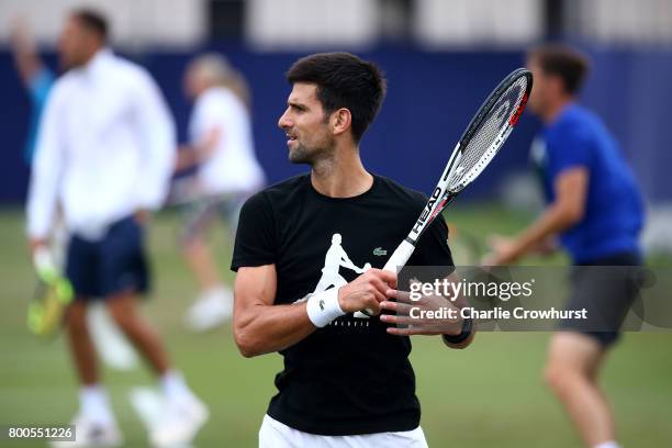 Novak Djokovic of Serbia warms up on the practice courts during Qualifying on Day 2 of The Aegon International Eastbourne on June 22, 2017 in...