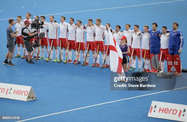 England players sing the national anthem prior to the semi-final match between England and the Netherlands on day eight of the Hero Hockey World...