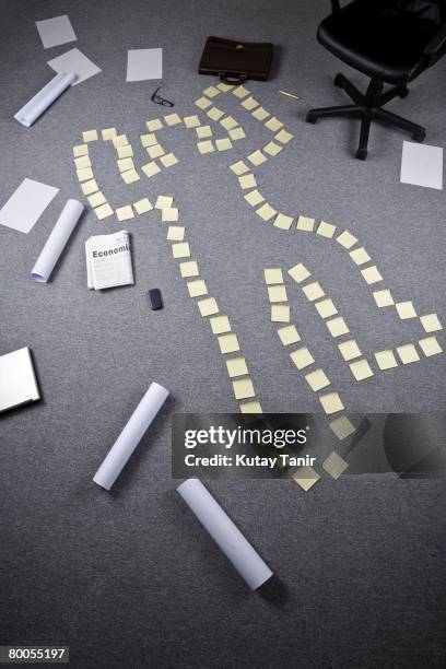 chalk outline with post-it, in the office. - body line stockfoto's en -beelden