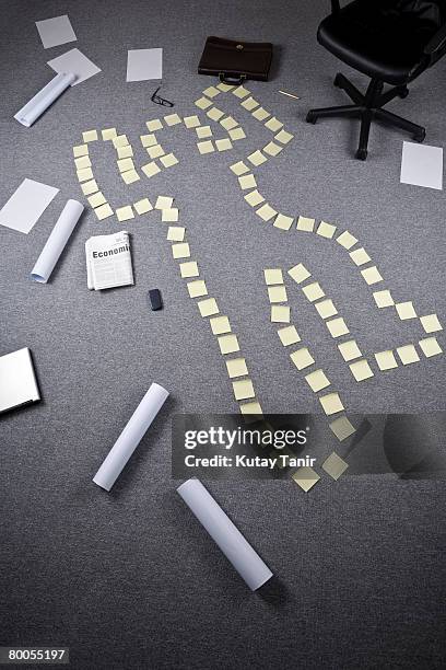 chalk outline with post-it, in the office. - bodyline stock pictures, royalty-free photos & images