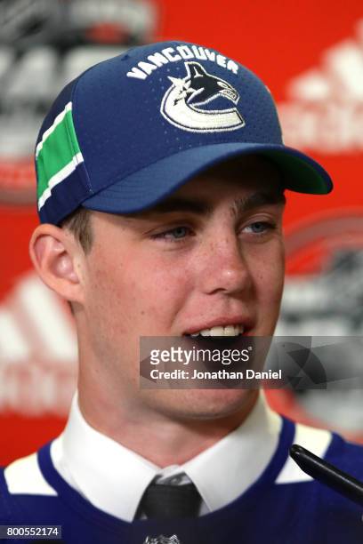 Kole Lind is interviewed after being selected 33rd overall by the Vancouver Canucks during the 2017 NHL Draft at the United Center on June 24, 2017...