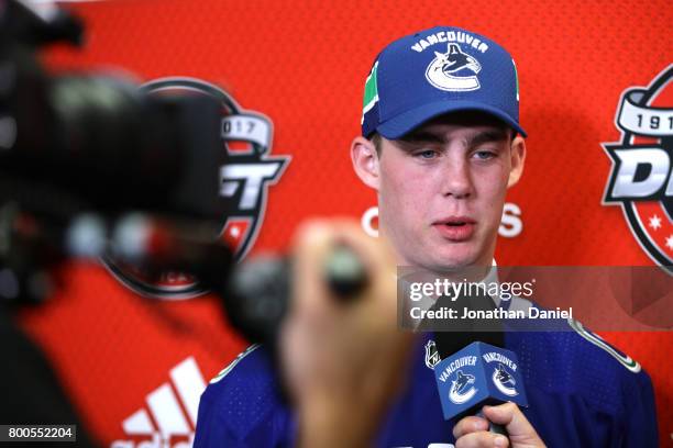 Kole Lind is interviewed after being selected 33rd overall by the Vancouver Canucks during the 2017 NHL Draft at the United Center on June 24, 2017...