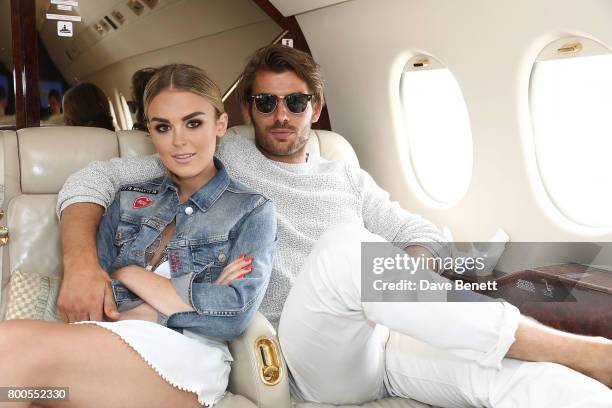 Tallia Storm and Jacey Elthalion arrives via private jet Falcon 2000 at Gama Aviation ahead of the Jersey Style Awards 2017 in association with...