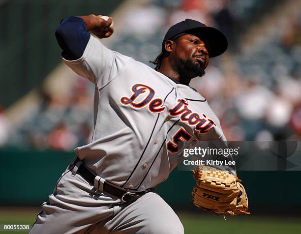 Detroit Tigers reliever Fernando Rodney pitches during 9-8 loss to the Los Angeles Angels of Anaheim in 10 innings at Angel Stadium in Anaheim,...