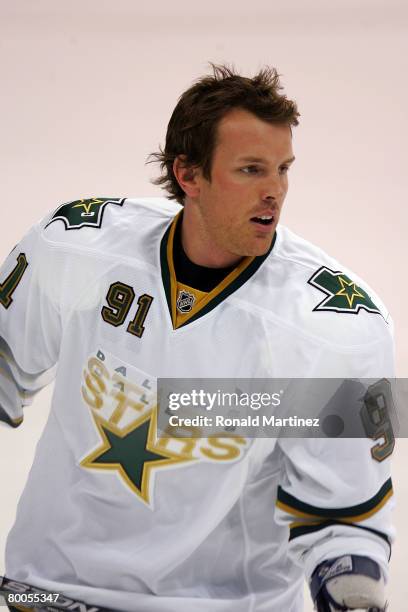 Center Brad Richards of the Dallas Stars skates before a game with the Chicago Blackhawks at the American Airlines Center on February 28, 2008 in...