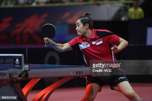 Feng Tianwei of China competes during the women's singles quarter-final match against Sun Yingsha of China on the day three of the 2017 ITTF World...