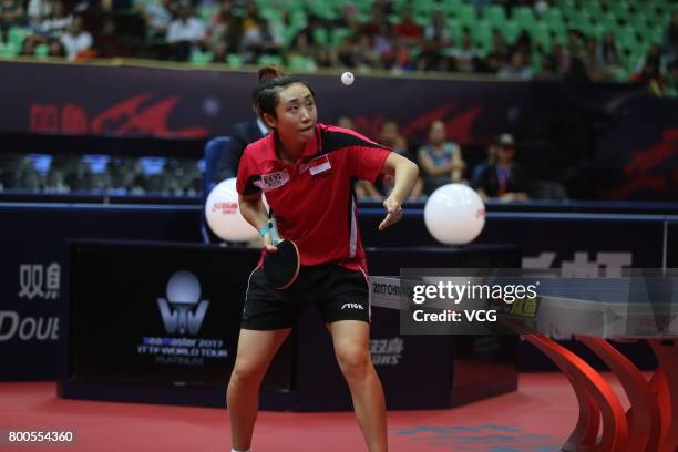 Feng Tianwei of China competes during the women's singles quarter-final match against Sun Yingsha of China on the day three of the 2017 ITTF World...