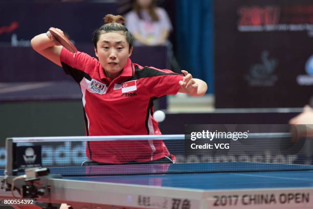 Feng Tianwei of China competes during the women's singles quarter-final match against Sun Yingsha of China on the day three of the 2017 ITTF World...