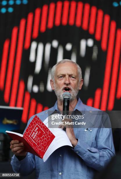 Labour party leader Jeremy Corbyn addresses the crowd as he makes a guest appearance at the Glastonbury Festival Site on June 24, 2017 in...