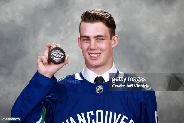 Kole Lind, 33rd overall pick of the Vancouver Canucks, poses for a portrait during the 2017 NHL Draft at United Center on June 24, 2017 in Chicago,...