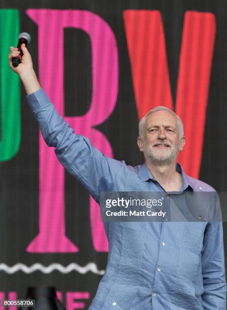 Labour Party leader Jeremy Corbyn address the crowd from the main stage a the Glastonbury Festival site at Worthy Farm in Pilton on June 24, 2017...