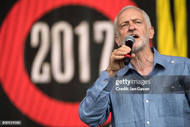 Jeremy Corbyn speaks on stage on day 3 of the Glastonbury Festival 2017 at Worthy Farm, Pilton on June 24, 2017 in Glastonbury, England.