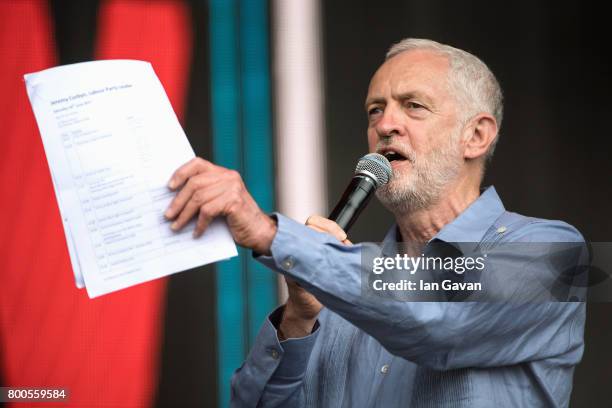 Jeremy Corbyn speaks on stage on day 3 of the Glastonbury Festival 2017 at Worthy Farm, Pilton on June 24, 2017 in Glastonbury, England.