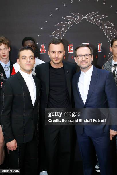 Actor Rami Malek, Stylist Kris Van Assche and actor Christian Slater pose Backstage after the Dior Homme Menswear Spring/Summer 2018 show as part of...