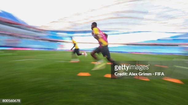 Players exercise during a Cameroon training session at Fisht Olympic Stadium ahead of their FIFA Confederations Cup Russia 2017 Group B match against...