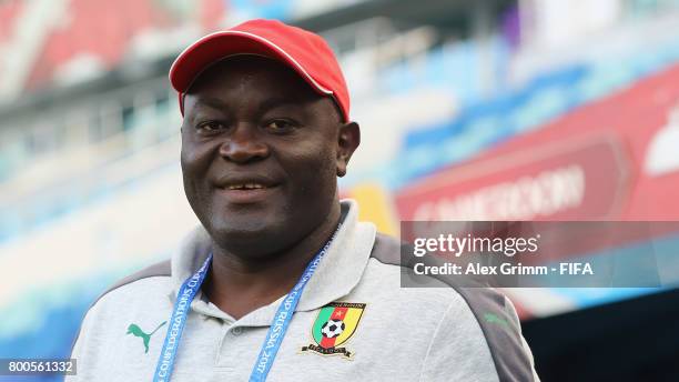 Team manager Alphonse Tchami looks on during a Cameroon training session at Fisht Olympic Stadium ahead of their FIFA Confederations Cup Russia 2017...