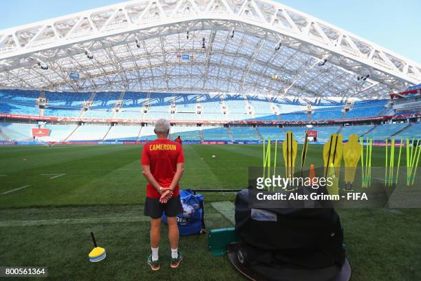 Head coach Hugo Broos looks during a Cameroon training session at Fisht Olympic Stadium ahead of their FIFA Confederations Cup Russia 2017 Group B...