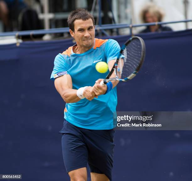 Evgeny Donskoy of Russia during his semi final match during the Aegon Ilkley Trophy on June 24, 2017 in Ilkley, England.