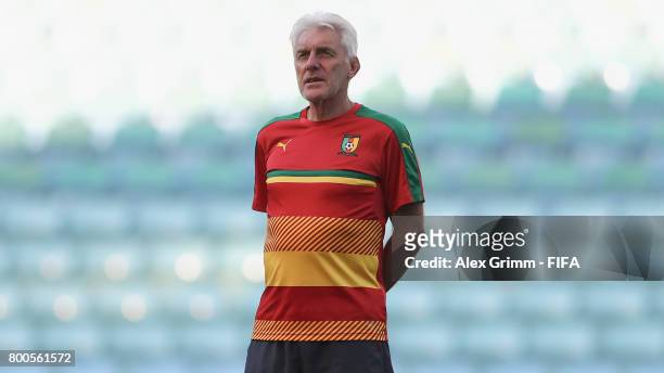 Head coach Hugo Broos looks during a Cameroon training session at Fisht Olympic Stadium ahead of their FIFA Confederations Cup Russia 2017 Group B...