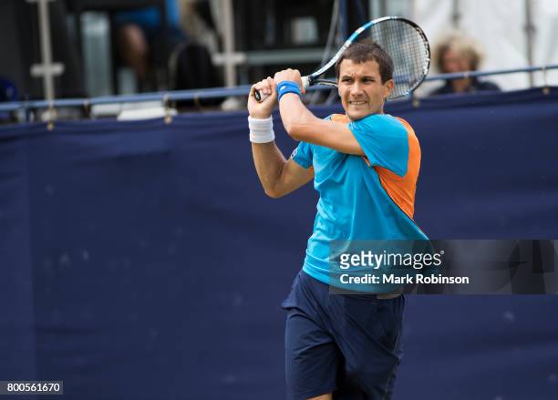 Evgeny Donskoy of Russia during his semi final match during the Aegon Ilkley Trophy on June 24, 2017 in Ilkley, England.