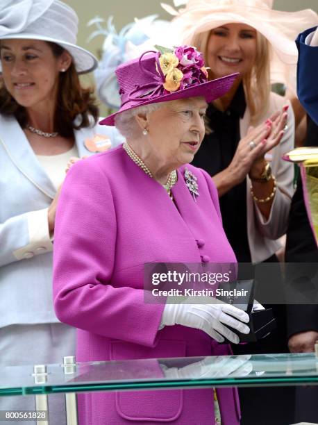 Queen Elizabeth II ahead of the presentation of the Diamond Jubilee Stakes Cup after The Tin Man wins, ridden by Tom Queally on day 5 of Royal Ascot...