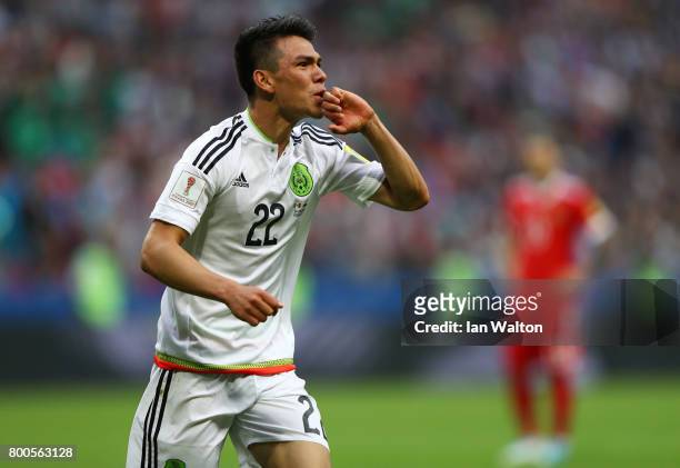 Hirving Lozano of Mexico celebrates scoring his sides second goal during the FIFA Confederations Cup Russia 2017 Group A match between Mexico and...