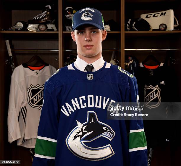 Kole Lind poses for a portrait after being selected 33rd overall by the Vancouver Canucks during the 2017 NHL Draft at the United Center on June 24,...