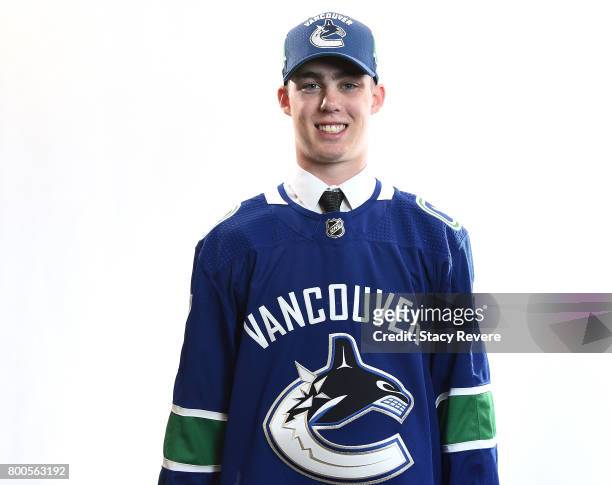 Kole Lind poses for a portrait after being selected 33rd overall by the Vancouver Canucks during the 2017 NHL Draft at the United Center on June 24,...