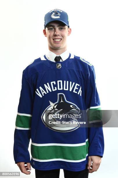 Kole Lind poses for a portrait after being selected 33rd overall by the Vancouver Canucks during the 2017 NHL Draft at the United Center on June 24,...