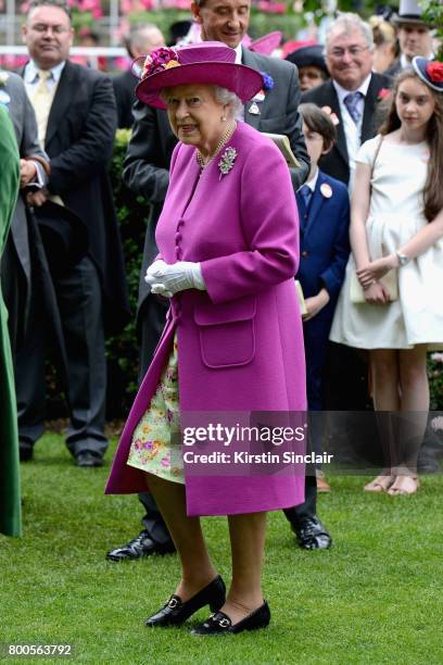 Queen Elizabeth II ahead of the presentation of the Diamond Jubilee Stakes Cup after The Tin Man wins, ridden by Tom Queally on day 5 of Royal Ascot...