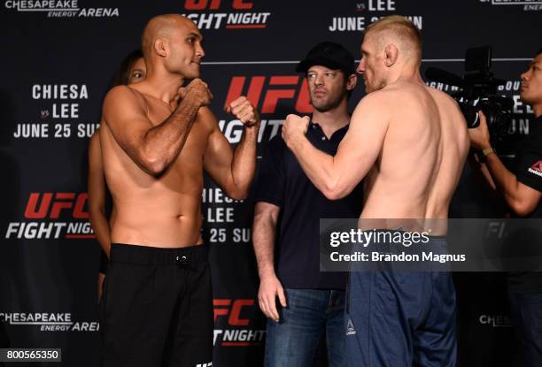 Penn and Dennis Siver of Germany face off during the UFC Fight Night weigh-in on June 24, 2017 in Oklahoma City, Oklahoma.