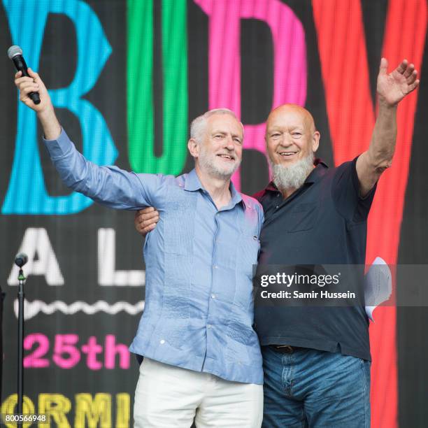 Jeremy Corbyn and Michael Eavis attend on day 3 of the Glastonbury Festival 2017 at Worthy Farm, Pilton on June 24, 2017 in Glastonbury, England.