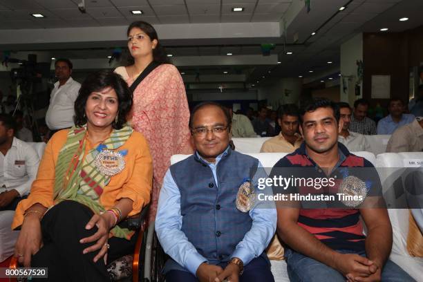 Wrestler Sushil Kumar and paralympian Deepa Malik during the launch of Neele Pankh, an initiative by Police Families Welfare Society to make sports a...