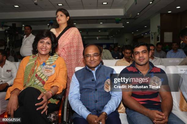 Wrestler Sushil Kumar and paralympian Deepa Malik during the launch of Neele Pankh, an initiative by Police Families Welfare Society to make sports a...