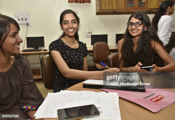 Delhi Topper Raksha Gopal with her friends during an admission process for the new Academic Year 2017-18, at Lady Shri Ram College, on June 24, 2017...