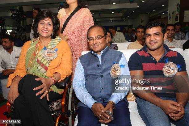 Wrestler Sushil Kumar and paralympian Deepa Malik during the launch of Neele Pankh, an initiative by Police Families Welfare Society to make sports a...