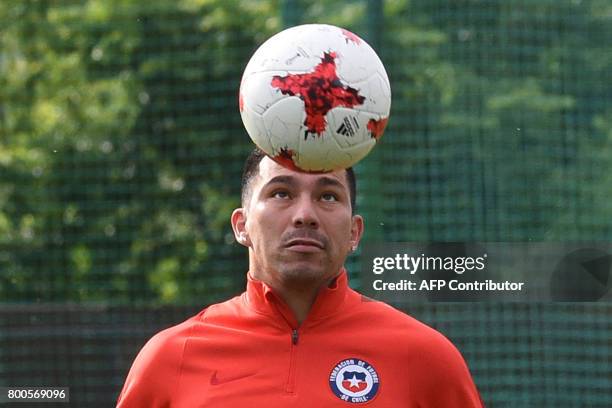 Chile's defender Gary Medel takes part in a training session in Moscow on June 24, 2017 on the eve of the 2017 FIFA Confederations Cup group B...