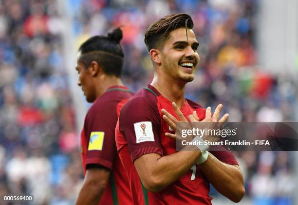 Andre Silva of Portugal celebrates scoring his sides third goal during the FIFA Confederations Cup Russia 2017 Group A match between New Zealand and...