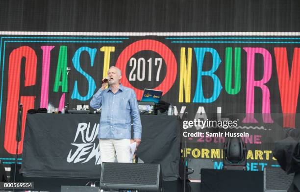 Jeremy Corbyn gives a speech on the Pyramid Stage on day 3 of the Glastonbury Festival 2017 at Worthy Farm, Pilton on June 24, 2017 in Glastonbury,...