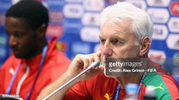 Head coach Hugo Broos and Arnaud Djoum attend a Cameroon press conference at Fisht Olympic Stadium ahead of their FIFA Confederations Cup Russia 2017...
